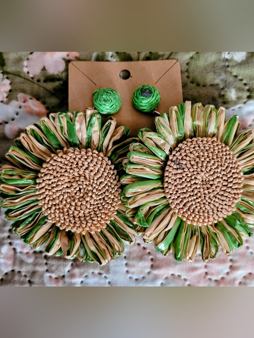 Handwoven Green and Tan Raffia Sunflower Drop Earrings